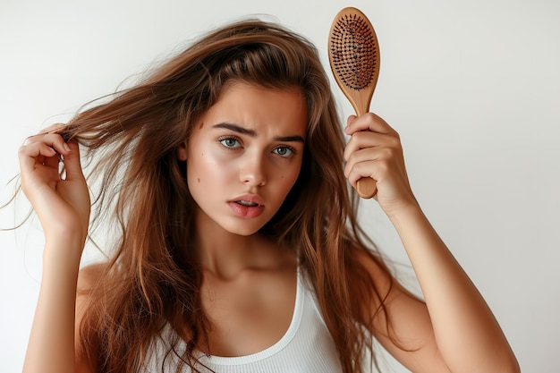 Nerved young lady tugging damaged hair over a wooden hairbrush over a white setting and space Generative AI