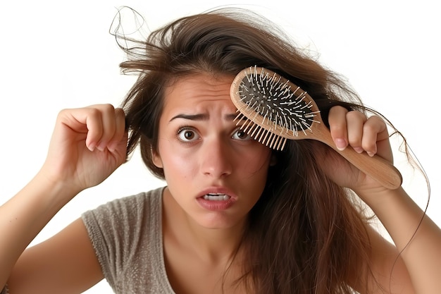 Nerved young lady tugging damaged hair over a wooden hairbrush over a white setting and space Generative AI