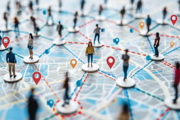 Photo network of people on a map representing connections and location