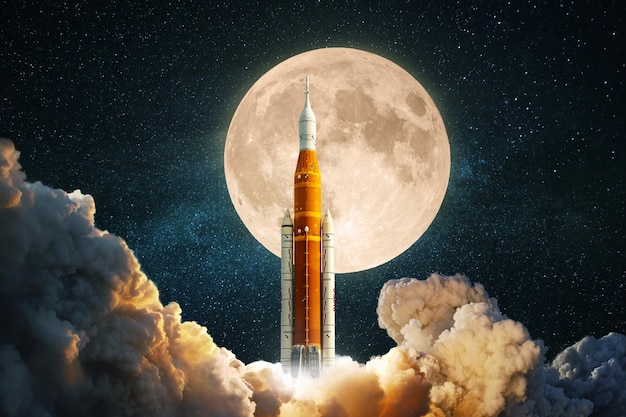 New space rocket is preparing to take off to the moon Spacecraft successfully launched Journey to the moon Ship lift off into the starry sky