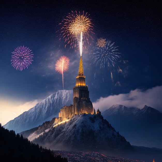 New year the tower above is scattered with beautiful fireworks with a view of the mountain 1