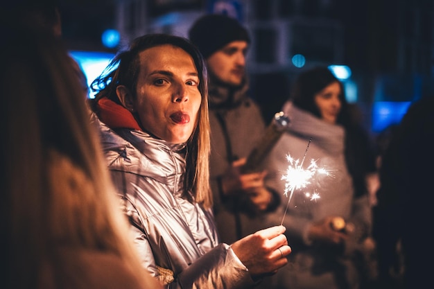 New Year with friends sparklers