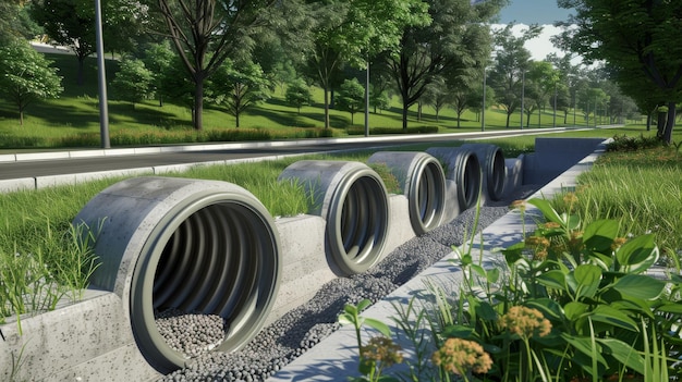 Photo newly installed concrete drainage pipes aligned neatly beside a road complemented by greenery and a sunny day highlighting the infrastructure development