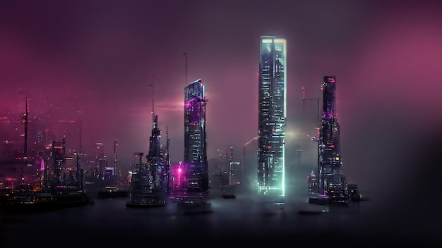 Night city neon lights of the metropolis Reflection of neon lights in the water Modern city with highrise buildings Night street scene city on the ocean 3D illustration