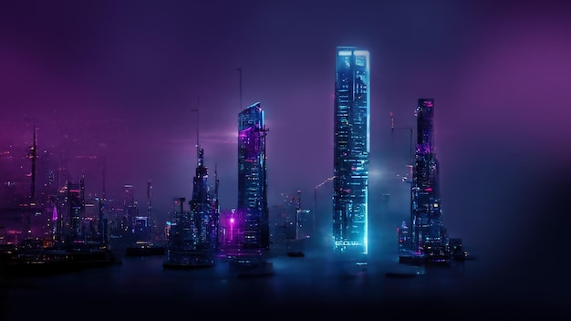 Night city neon lights of the metropolis Reflection of neon lights in the water Modern city with highrise buildings Night street scene city on the ocean 3D illustration