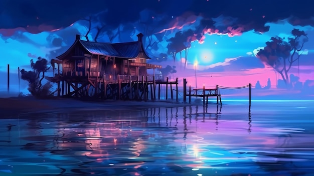 night seascape fantasy island with lanterns and a