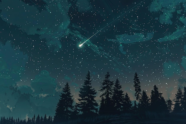 Photo the night sky was filled with stars the big dipper and a bright green meteor above dark evergreen tr