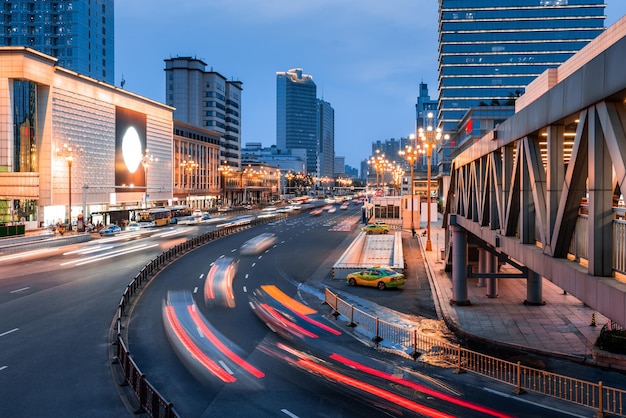 Night view of traffic flow in Bayi Square, Nanchang