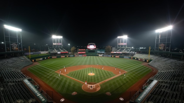 Nighttime Aerial View of an Empty Baseball Stadium Lit by Floodlights