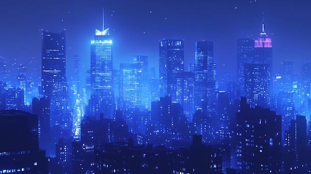 Photo nighttime cityscape with blue lit skyscrapers