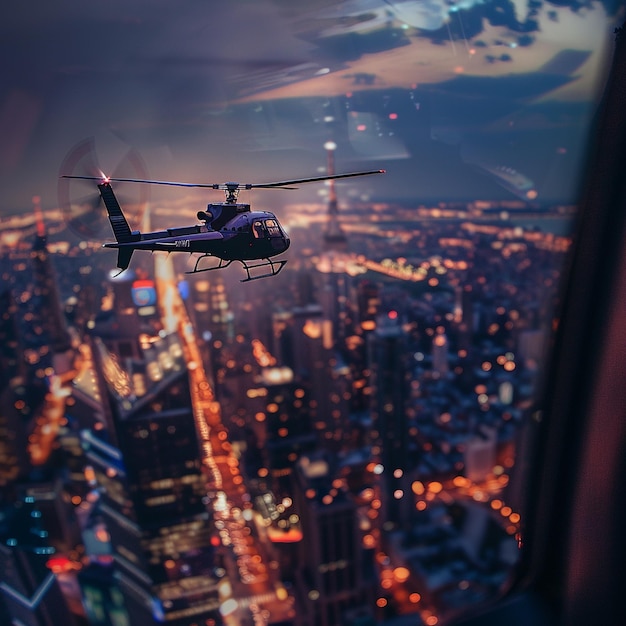 Nighttime helicopter ride over city lights