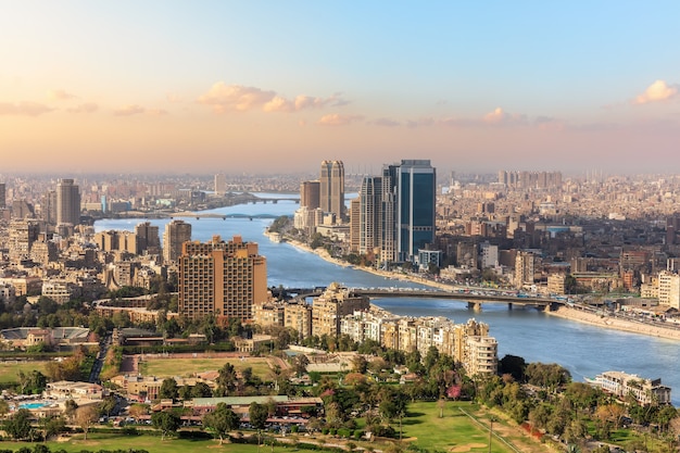 The Nile and the skyscrappers of Cairo, Egypt.