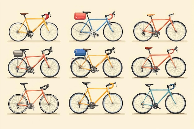 Photo nine colorful road bikes in a row