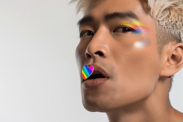 Foto uomo asiatico non binario con capelli biondi e trucco in ritratto in studio