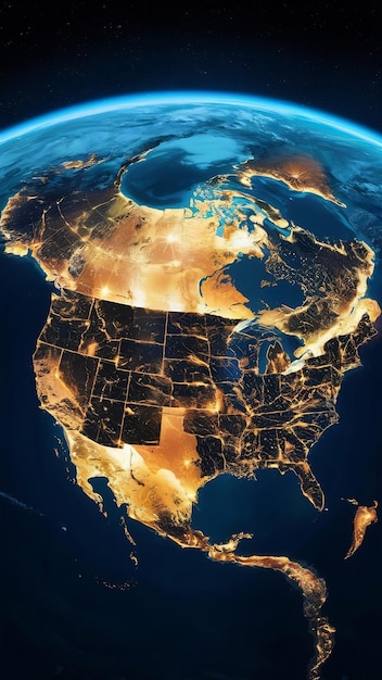 Photo north america at night viewed from space with city lights showing human activity in united states