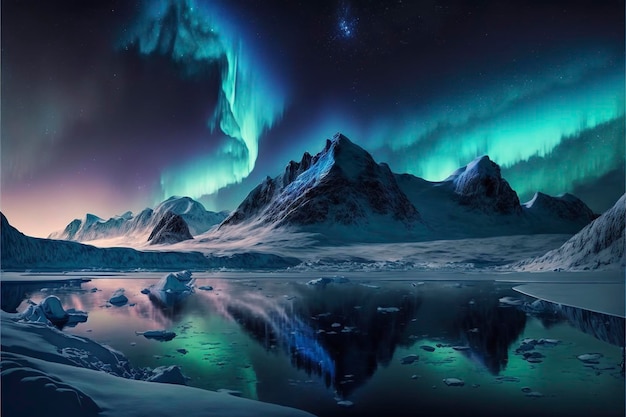 Photo northern lights view over icy mountains and snow, arctic lake, winter season