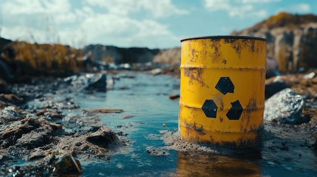 Photo nuclear waste drum radioactively contaminated water background wallpaper ai generated image