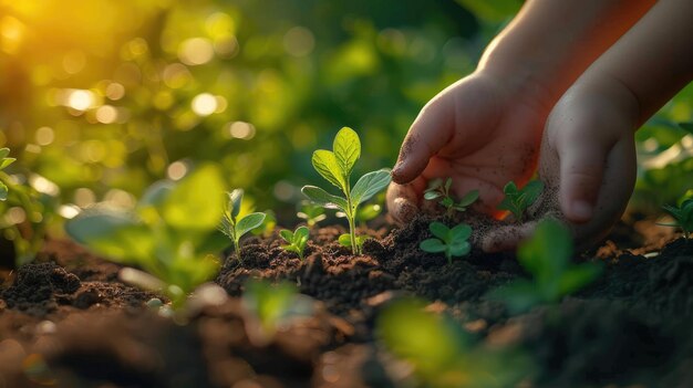Photo nurturing hands with soil and sprouting seeds