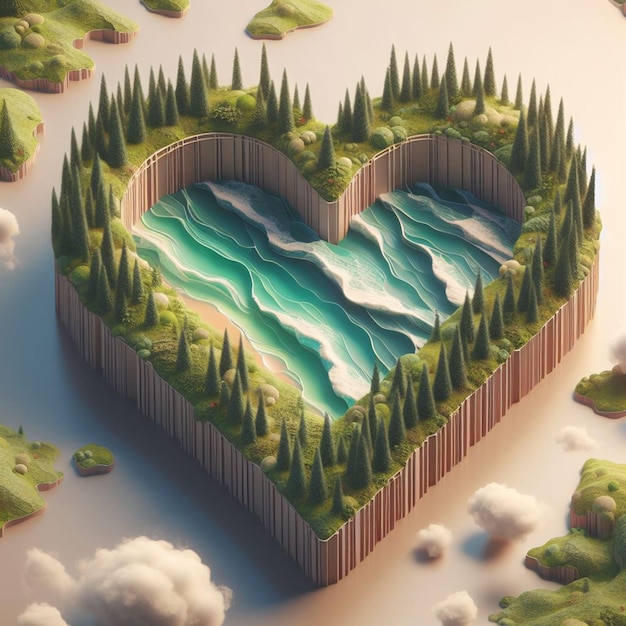 Ocean in a heart shape barrier 3D rendered