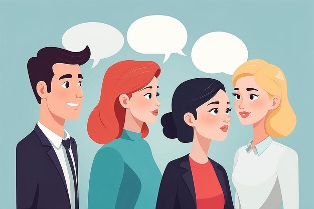 Photo office talk and discussion vector illustration of team of three people talking and communicating with speech bubbles flat design and white background