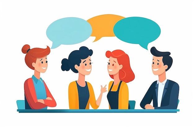 Photo office talk and discussion vector illustration of team of three people talking and communicating with speech bubbles flat design and white background