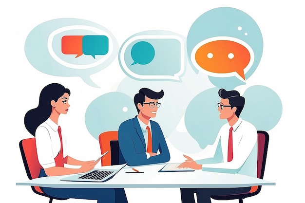 Photo office talk and discussion vector illustration of team of three people talking and communicating with speech bubbles flat design and white background