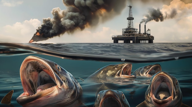 Photo oil rig fire and sharks in the ocean