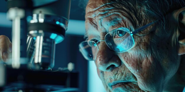 Photo an old man is looking through a microscope concept of curiosity and wonder as the man peers into the lens the blue lighting adds a sense of depth and intrigue to the scene