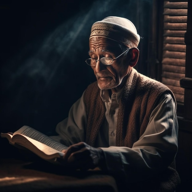 An old man reading a book in a dark room.