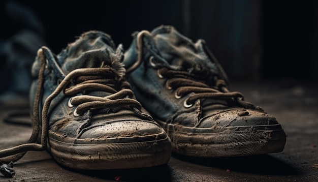 Old sport shoe lace undone on dirty wood generated by AI