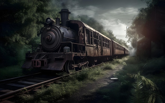 An old train is going through the forest.