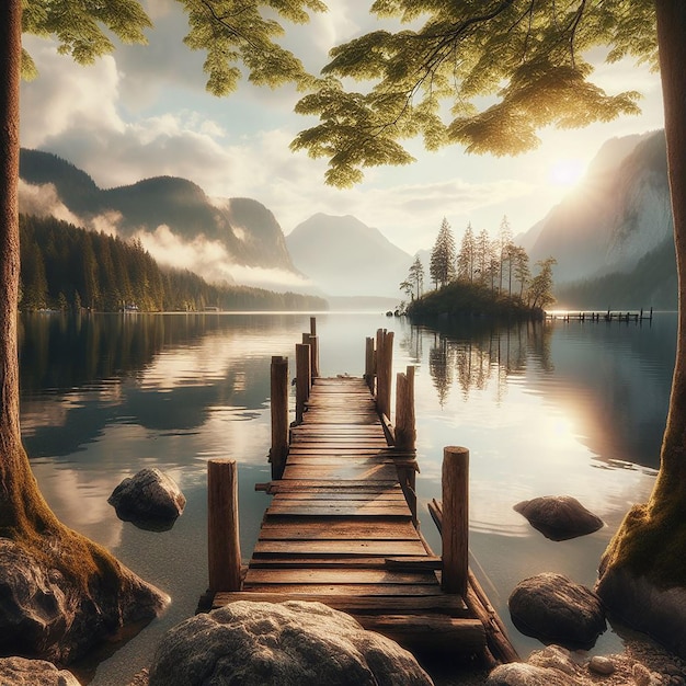 Old wooden pier at a peaceful lake