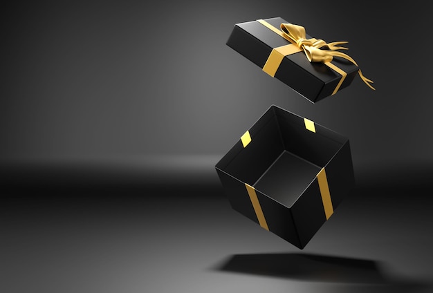 Open gift box or present box with gold ribbon and bow on black background with shadow 3D render