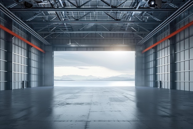 Photo open hangar doors to mountains