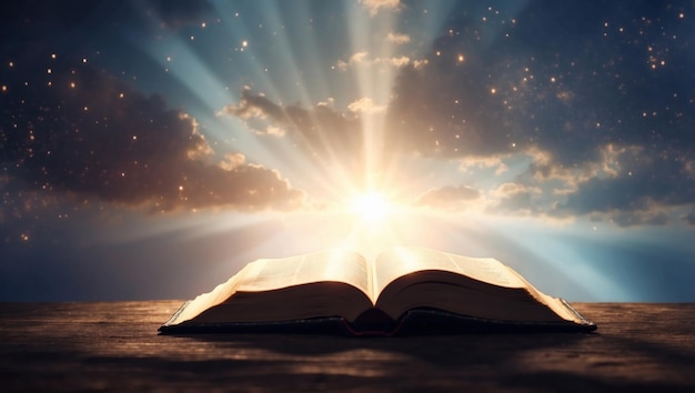 Photo opened bible in the sky with rays of light coming from above