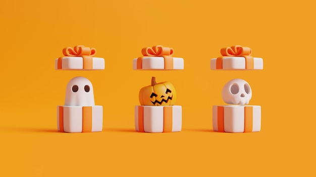 Opened gift box with cartoon skull ghost and Jack o Lantern pumpkin on orange background 3D render