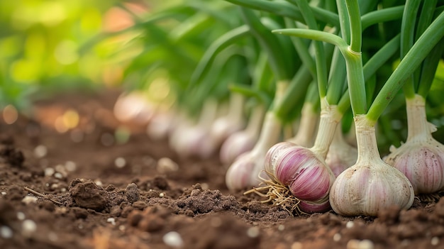 Organic garlics in a cultivated garlic field with a big copy space a organic harvesting type concept