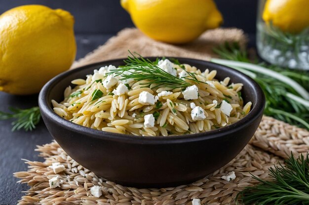 Foto orzo con aneto di limone e formaggio feta