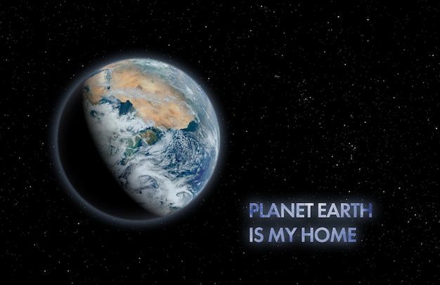 The our planet is our home text title in outer space. 