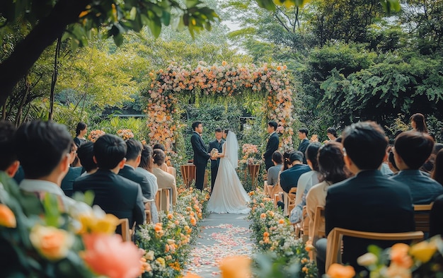 Foto cerimonia in giardino all'aperto con uno sfondo mozzafiato