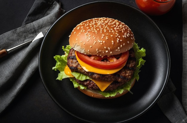 Overhead shot of a burger on a black