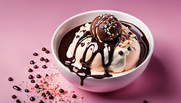 Photo overhead shot of an ice cream sundae with chocolate sauce and sprinkles