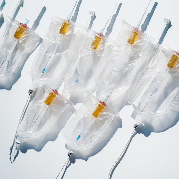 Photo overhead view of multiple iv bags on sterile white background editorial photography