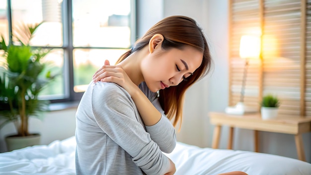 Foto dolore muscoli del corpo rigido problema giovane donna asiatica dolorosa schiena dolore al collo dal lavoro mano tenendo ma