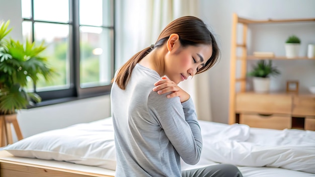 Foto dolore muscoli del corpo rigido problema giovane donna asiatica dolorosa schiena dolore al collo dal lavoro mano tenendo ma