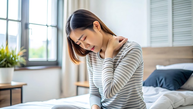 Foto dolore muscoli del corpo rigido problema giovane donna asiatica dolorosa schiena dolore al collo dal lavoro mano tenendo ma