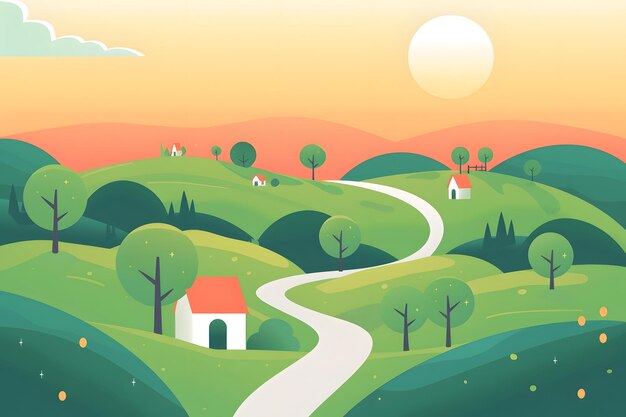 a painting of a country road with a house and trees