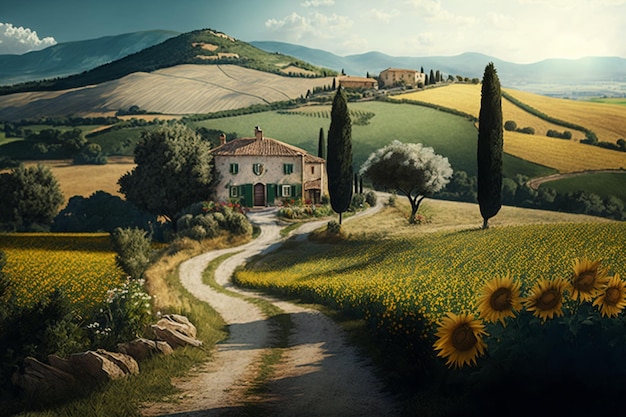 Foto pittura di una strada di campagna con girasoli e una casa generativa ai