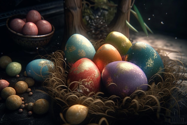 A painting of easter eggs in a basket