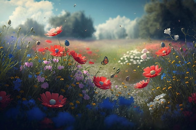 A painting of a field of flowers with a butterfly on the top